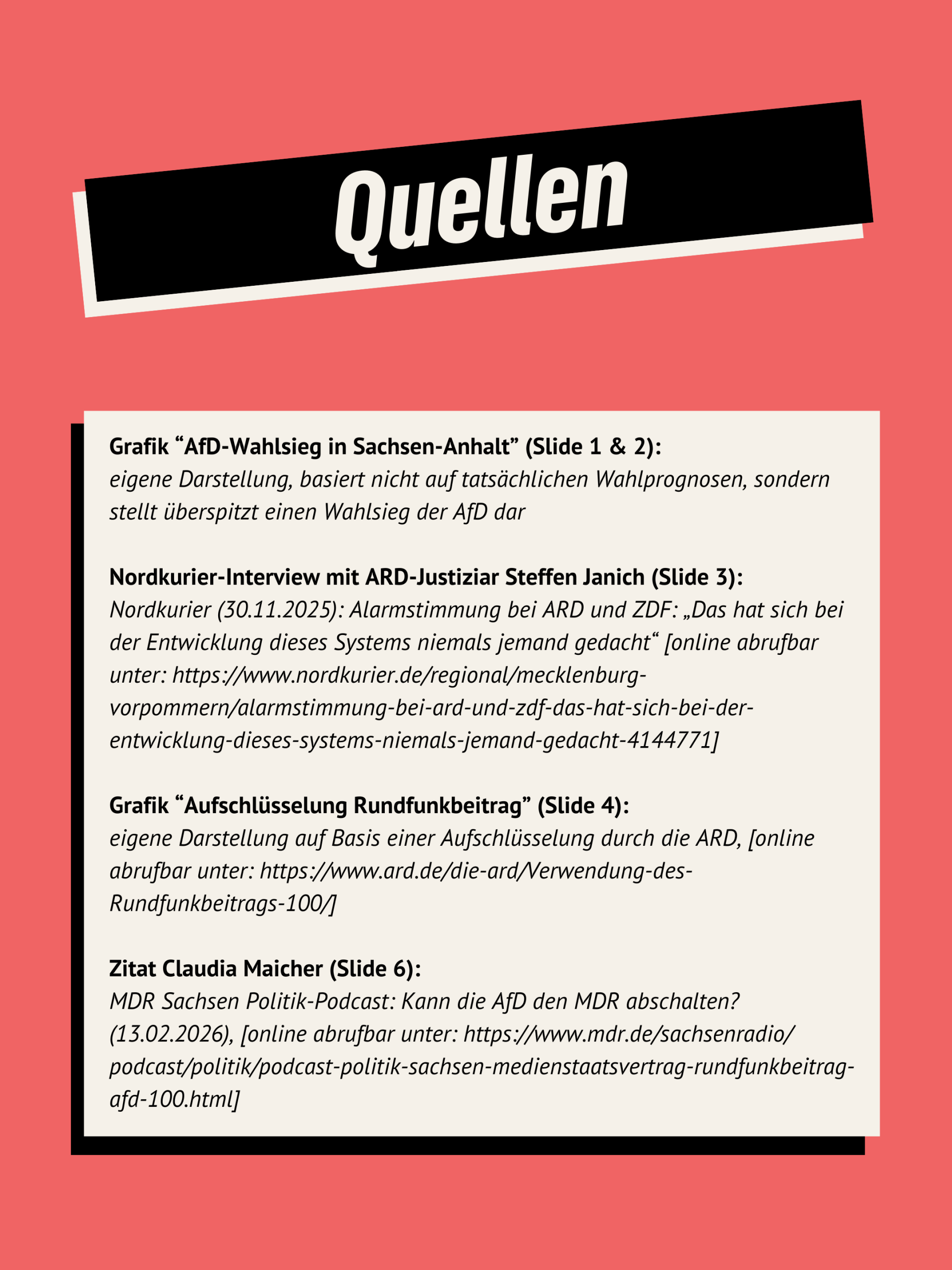 Lachfarbener Hintergrund. Überschrift: Quellen. Darunter eine Textbox mit Quellenangaben.