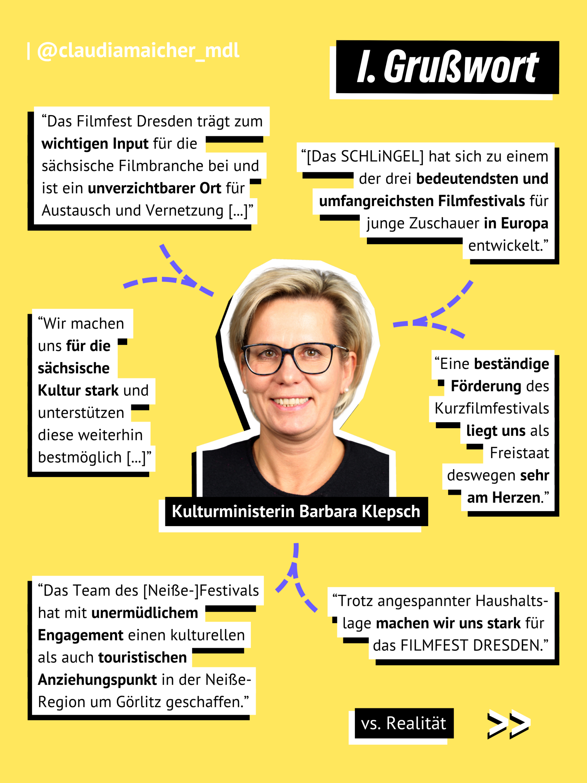 Gelber Hintergrund, Überschrift: Grußwort. In der Mitte ist ein Bild von Kulturministerin Barbara Klepsch. Um sie herum Zitate aus Grußworten: “Das Filmfest Dresden trägt zum wichtigen Input für die sächsische Filmbranche bei und ist ein unverzichtbarer Ort für Austausch und Vernetzung [...]” “[Das SCHLiNGEL] hat sich zu einem der drei bedeutendsten und umfangreichsten Filmfestivals für junge Zuschauer in Europa entwickelt.” “Wir machen uns für die sächsische Kultur stark und unterstützen diese weiterhin bestmöglich [...]” “Eine beständige Förderung des Kurzfilmfestivals liegt uns als Freistaat deswegen sehr am Herzen.” “Das Team des [Neiße-]Festivals hat mit unermüdlichem Engagement einen kulturellen als auch touristischen Anziehungspunkt in der Neiße-Region um Görlitz geschaffen.” “Trotz angespannter Haushalts-lage machen wir uns stark für das FILMFEST DRESDEN.”